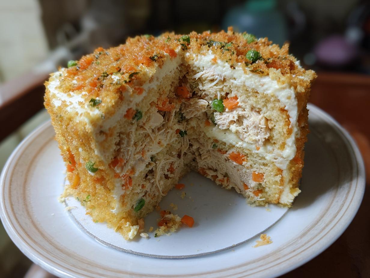 A slice of a Homemade Cat Birthday Cake, showing layers of chicken and vegetables.