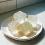 Close-up of Homemade Cat Ice Treats, square shaped, on a white plate, perfect for cooling your cat.