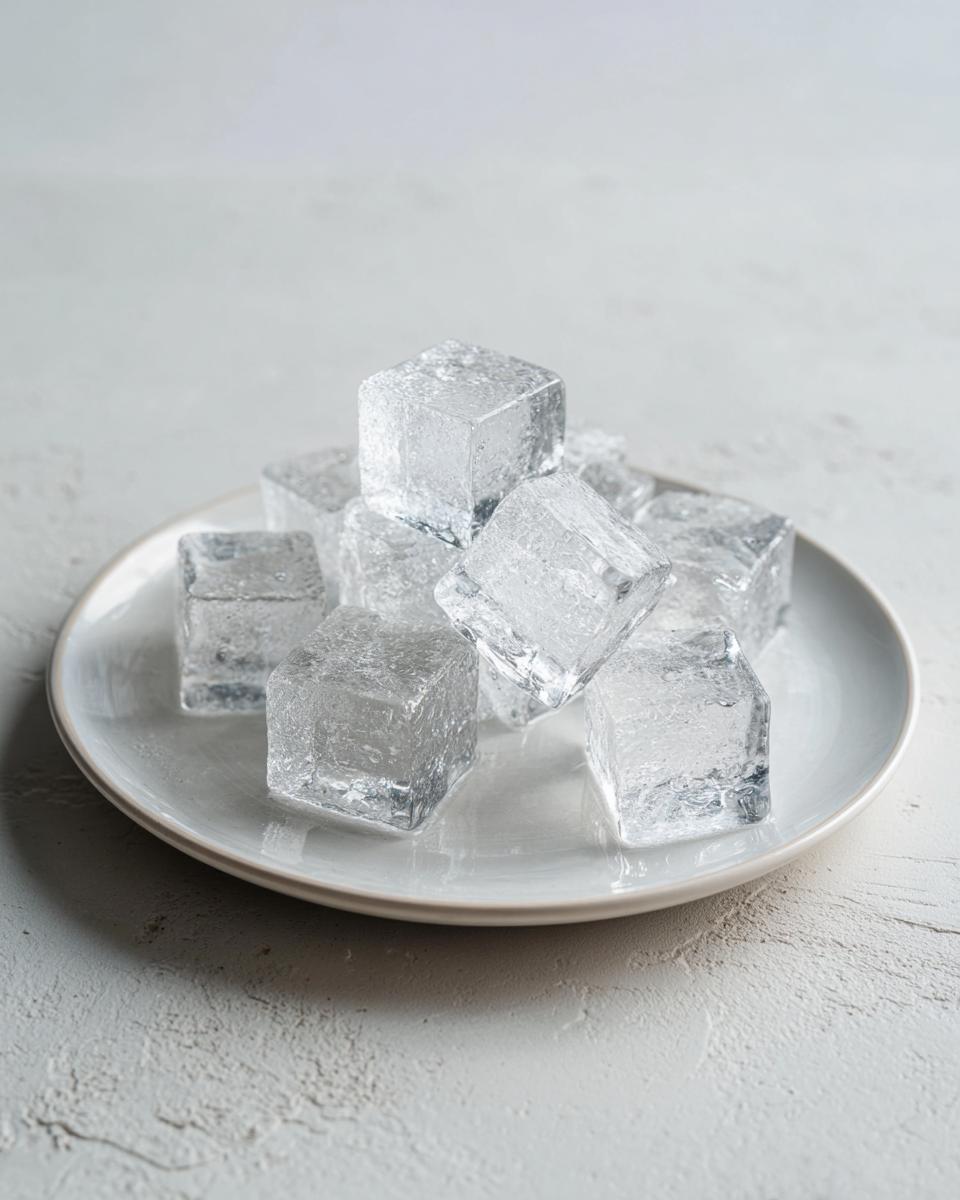 Close-up of ice cubes on a plate, perfect for making Homemade Cat Ice Treats.