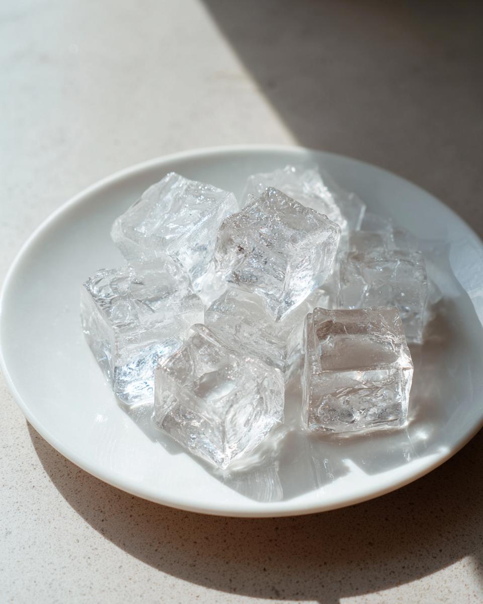 Close-up of ice cubes on a white plate, perfect for Homemade Cat Ice Treats.