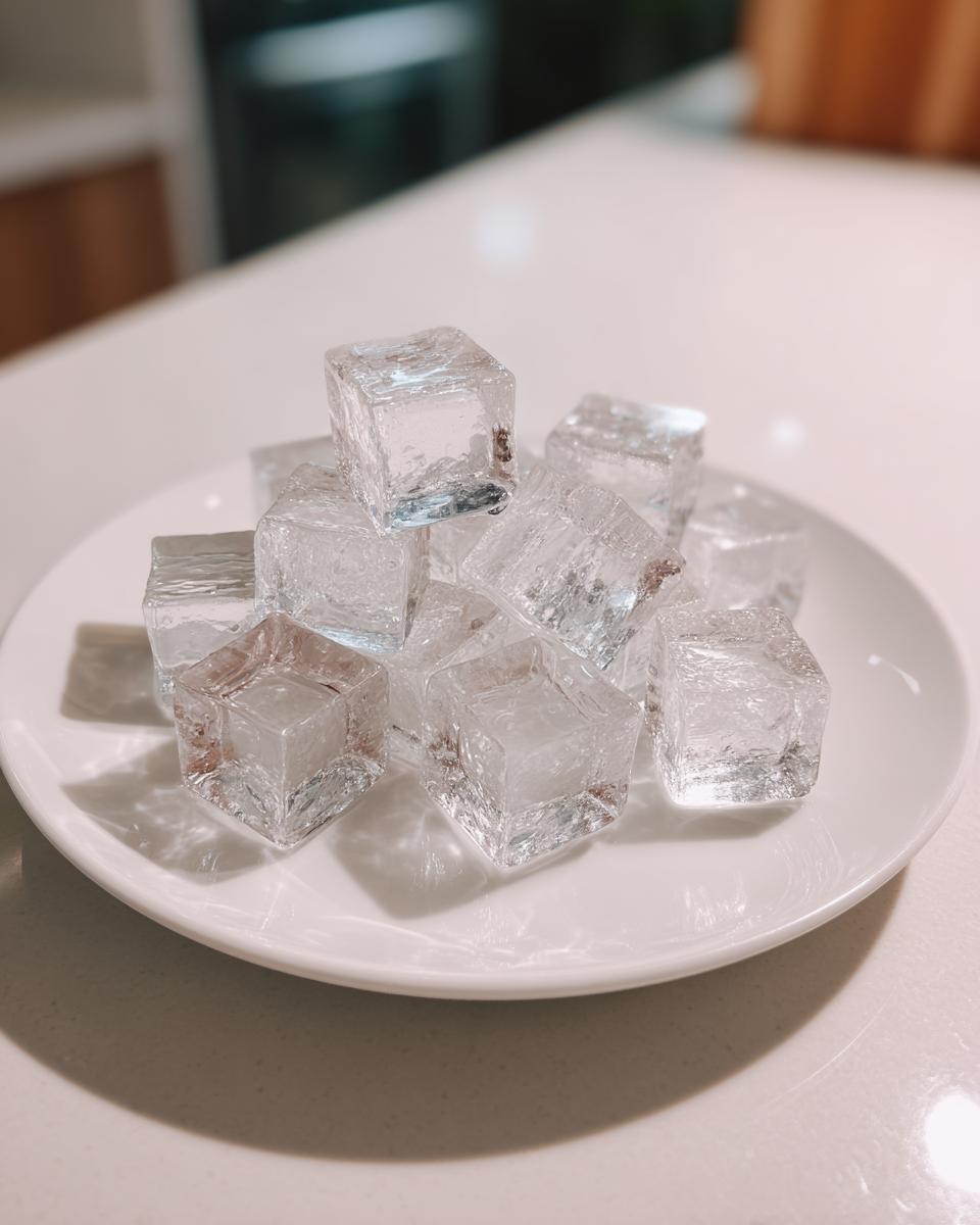 Pile of clear ice cubes on a white plate, perfect for making Homemade Cat Ice Treats.