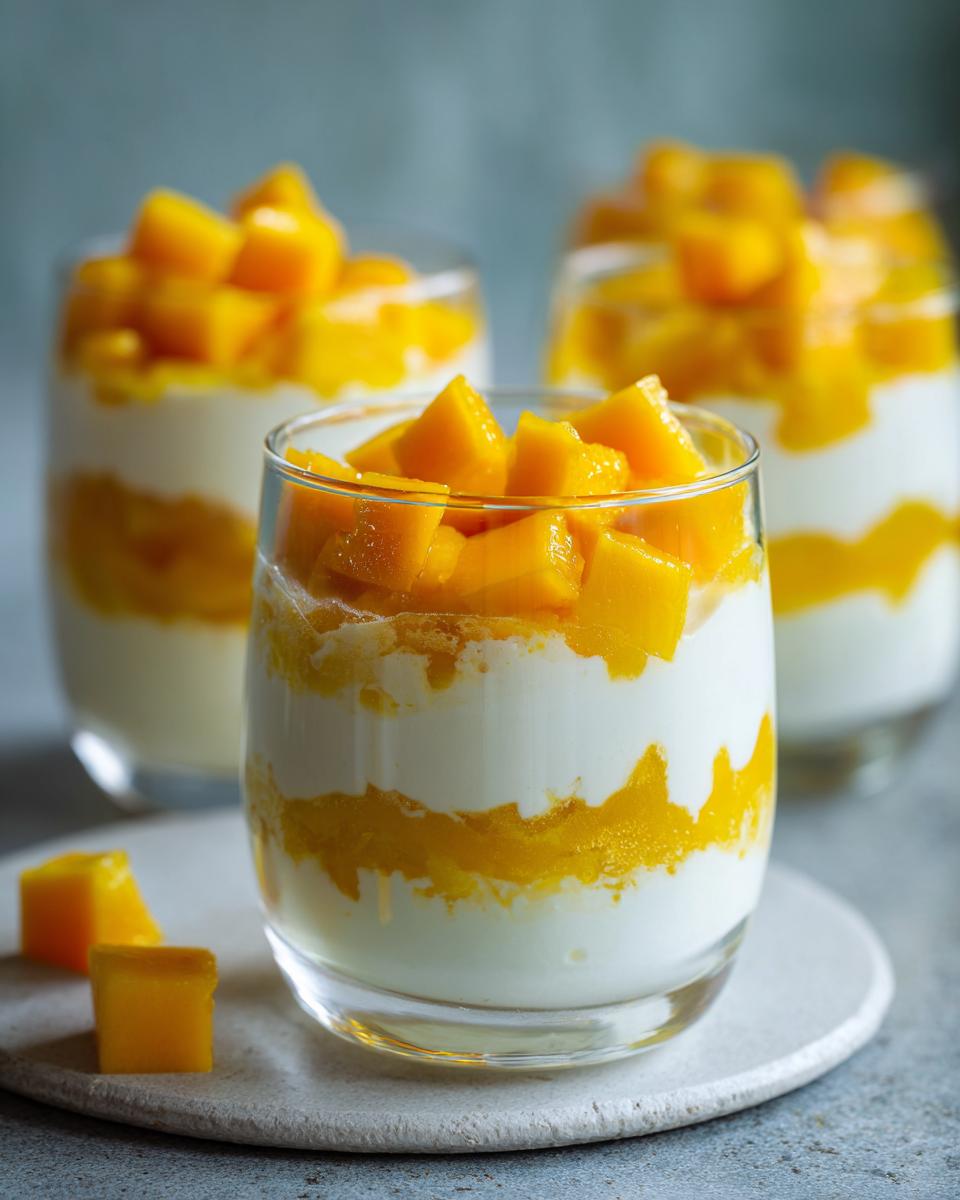 Close-up of Mango Coconut Pudding Parfait layered in glasses with fresh mango.