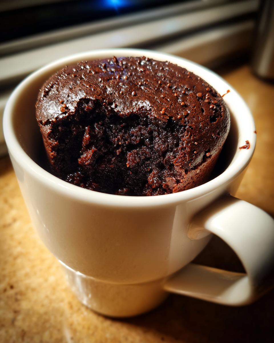 Close-up of a Microwave Fudgy Brownie for One in a white mug, with a bite taken out.