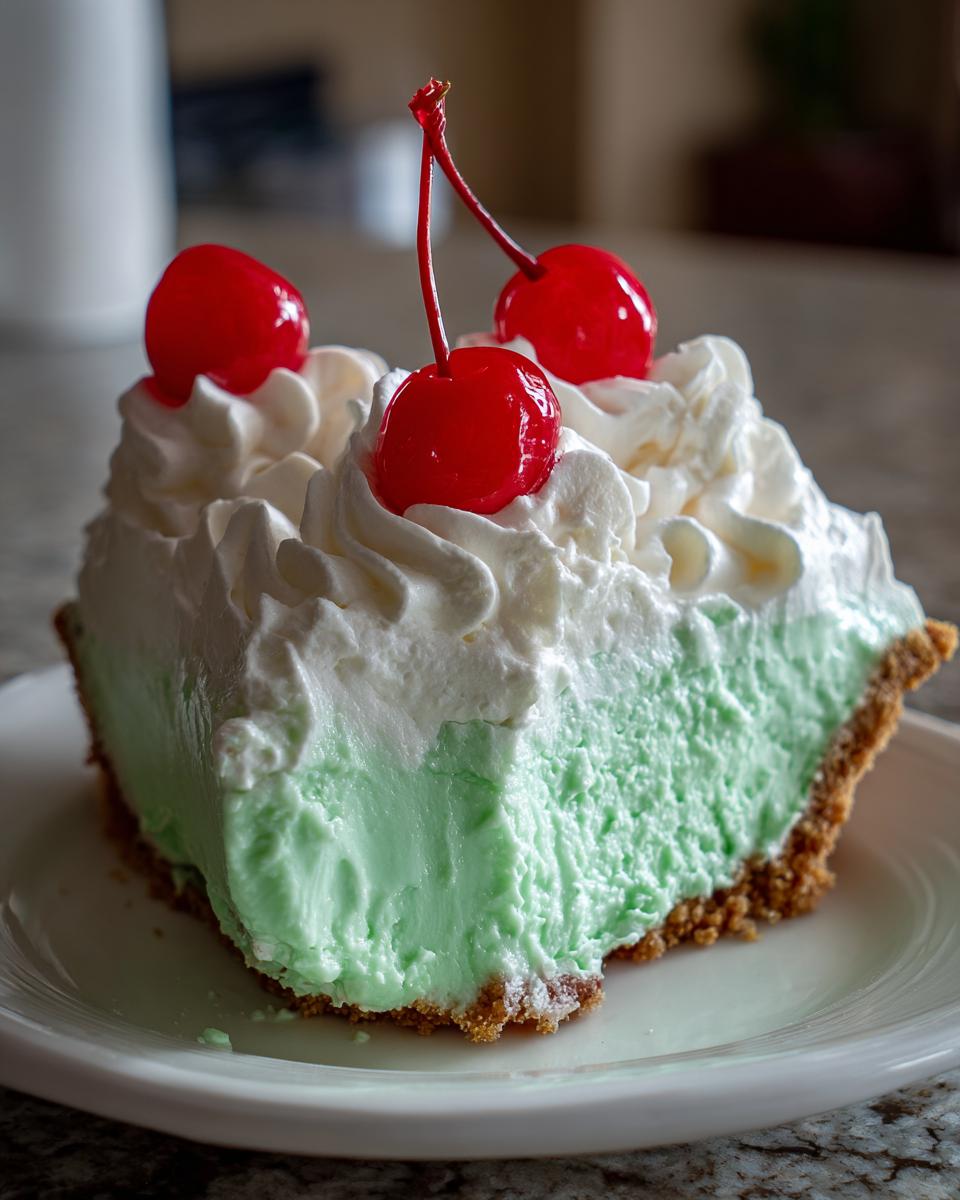 A slice of No-Bake Shamrock Shake Icebox Pie with whipped cream and cherries.