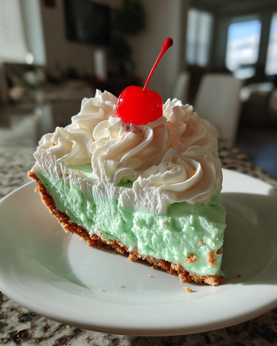 A slice of No-Bake Shamrock Shake Icebox Pie on a white plate, topped with whipped cream and a cherry.