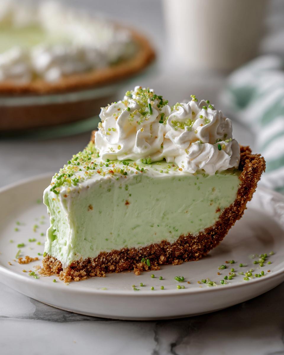 A slice of No Bake Shamrock Shake Pie on a white plate, topped with whipped cream.