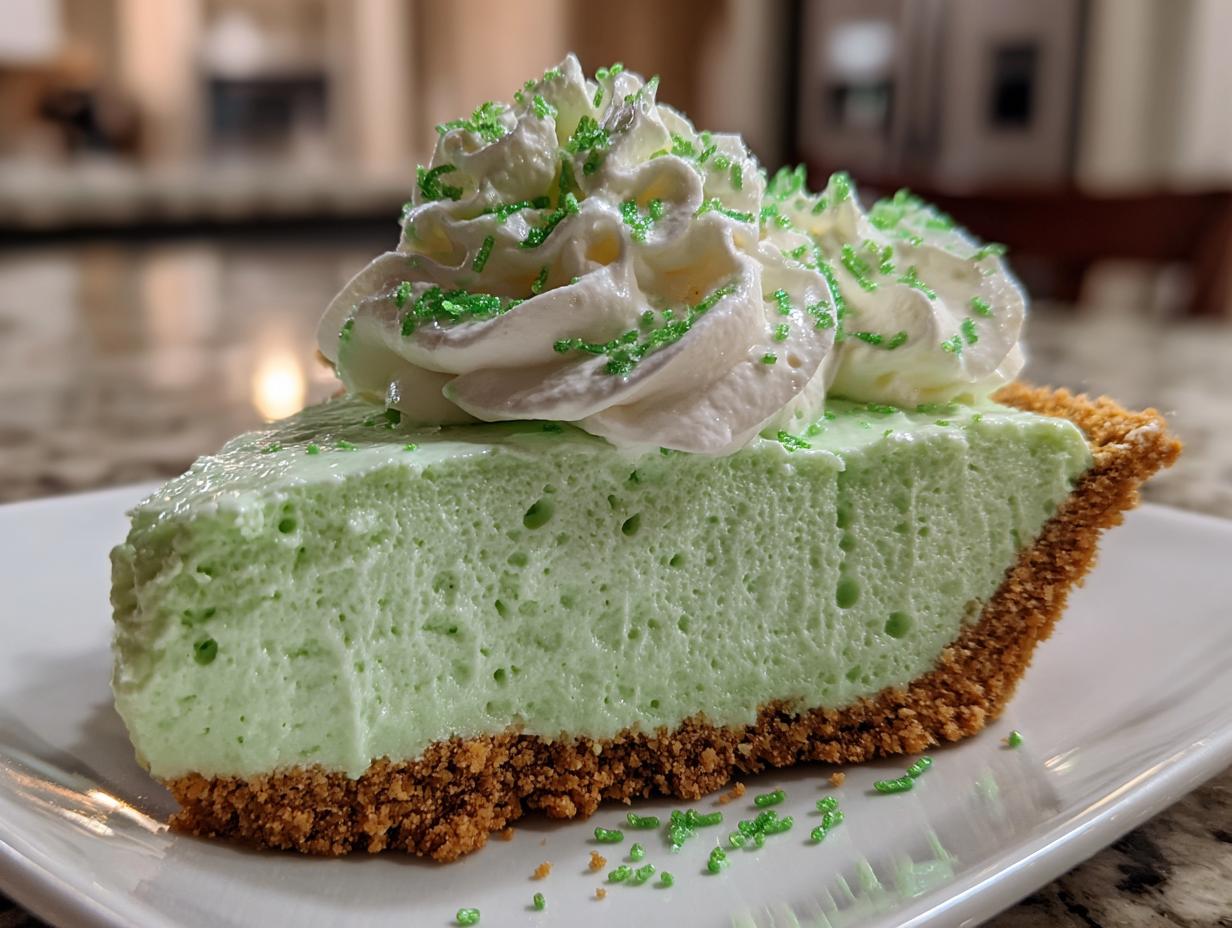 A slice of No Bake Shamrock Shake Pie on a white plate, topped with whipped cream and sprinkles.