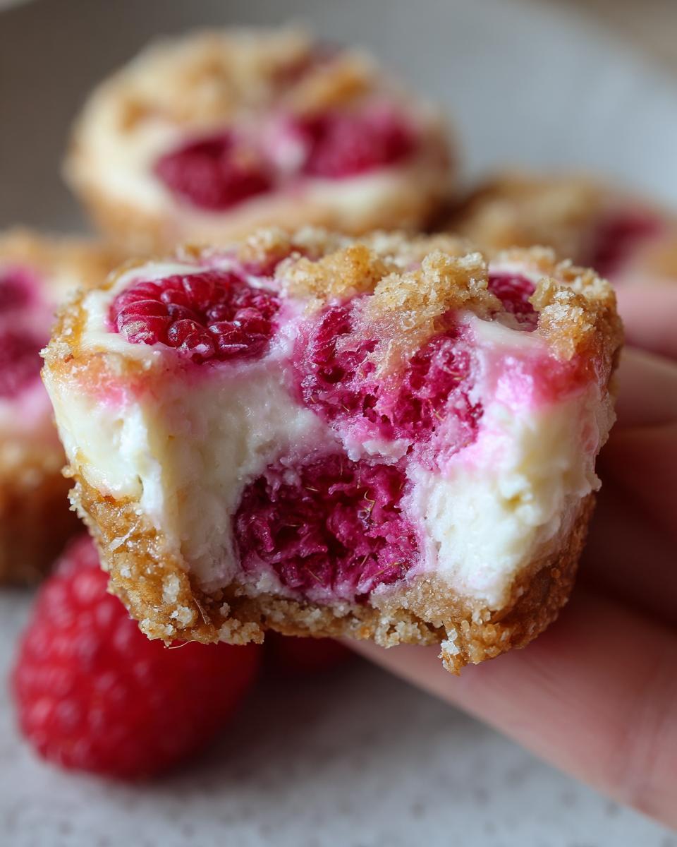 Close-up of a Raspberry Cream Cheese Bite, showcasing the creamy filling and fresh raspberries.