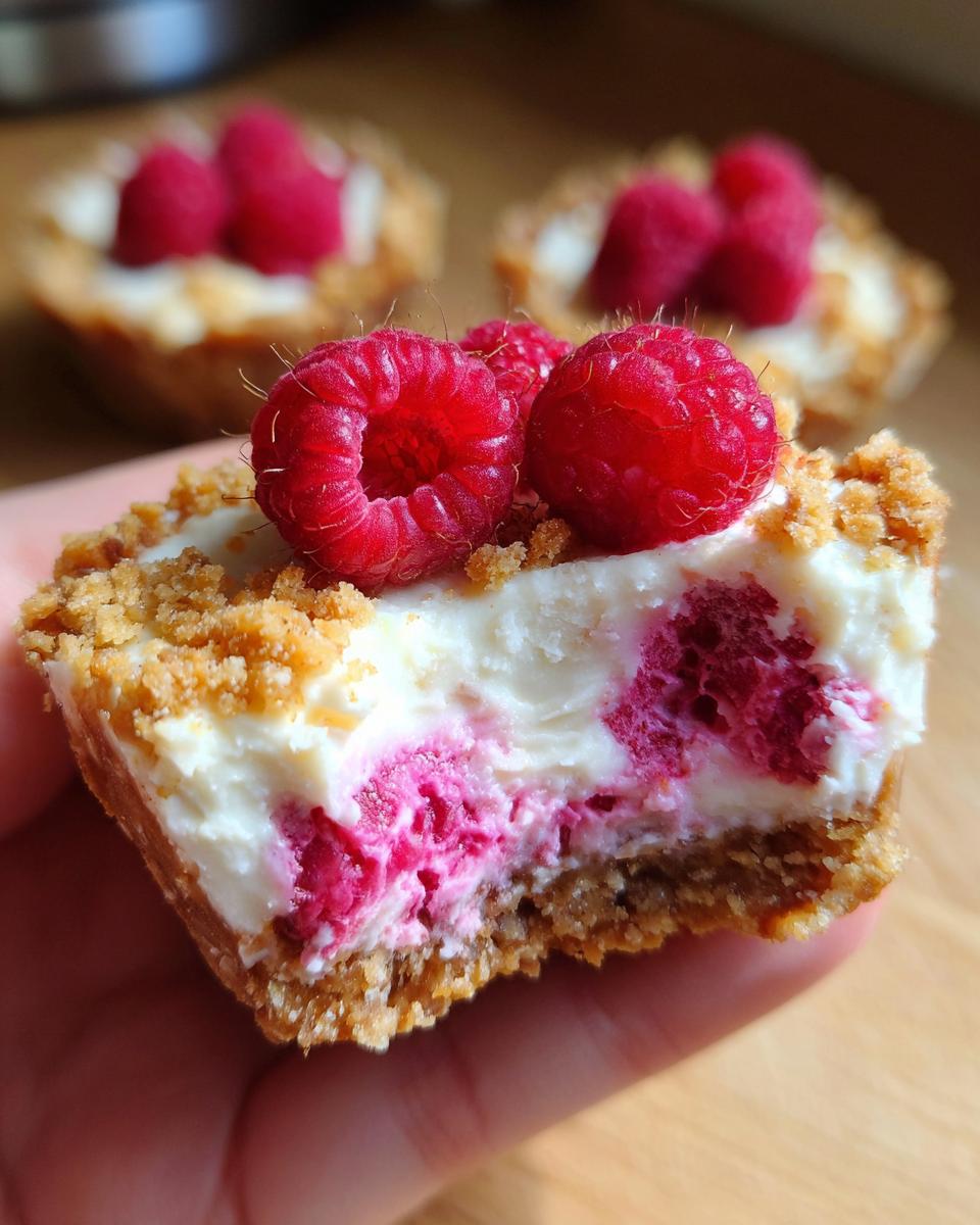 Close-up of a Raspberry Cream Cheese Bite with fresh raspberries and a crumbly crust.
