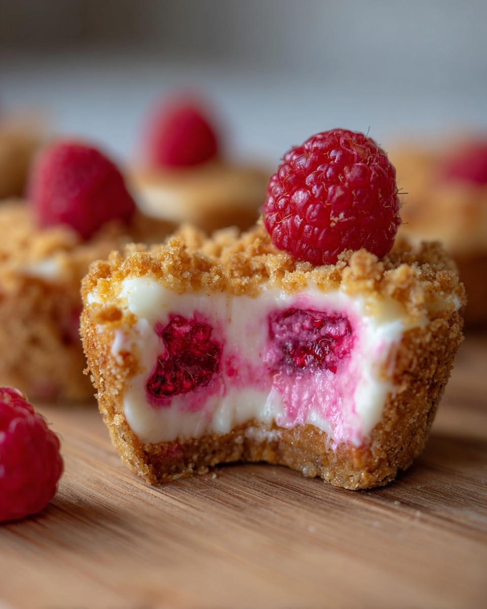 Close-up of a Raspberry Cream Cheese Bite with a bite taken out, showing the filling and a fresh raspberry on top.