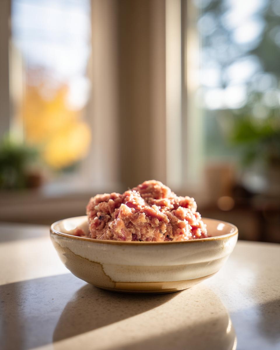 Close-up of a bowl filled with fresh raw protein cat meal, ready to serve.