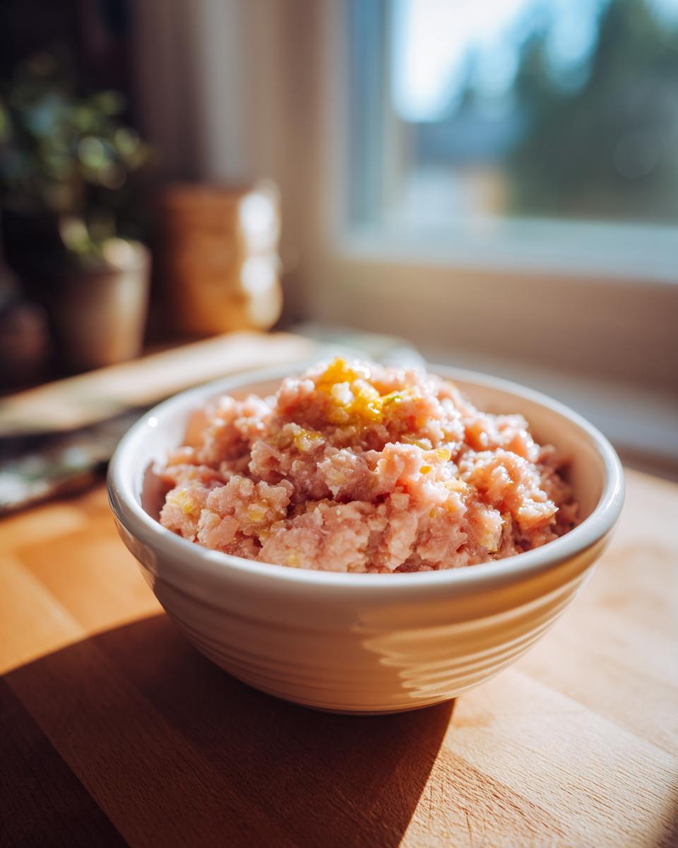Close-up of a bowl filled with a freshly prepared Raw Protein Cat Meal.