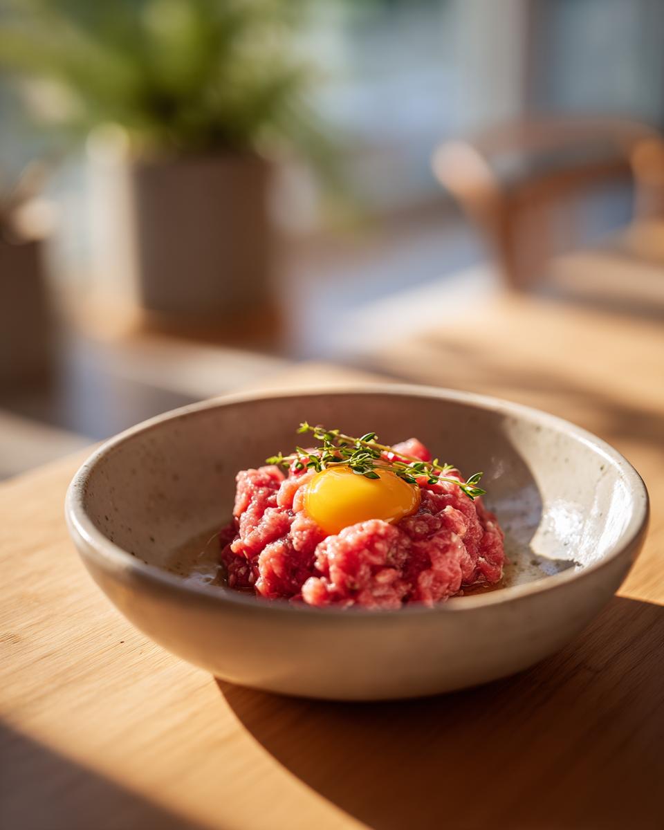 Close-up of a Raw Protein Cat Meal, with raw meat and a raw egg yolk, ready to serve.