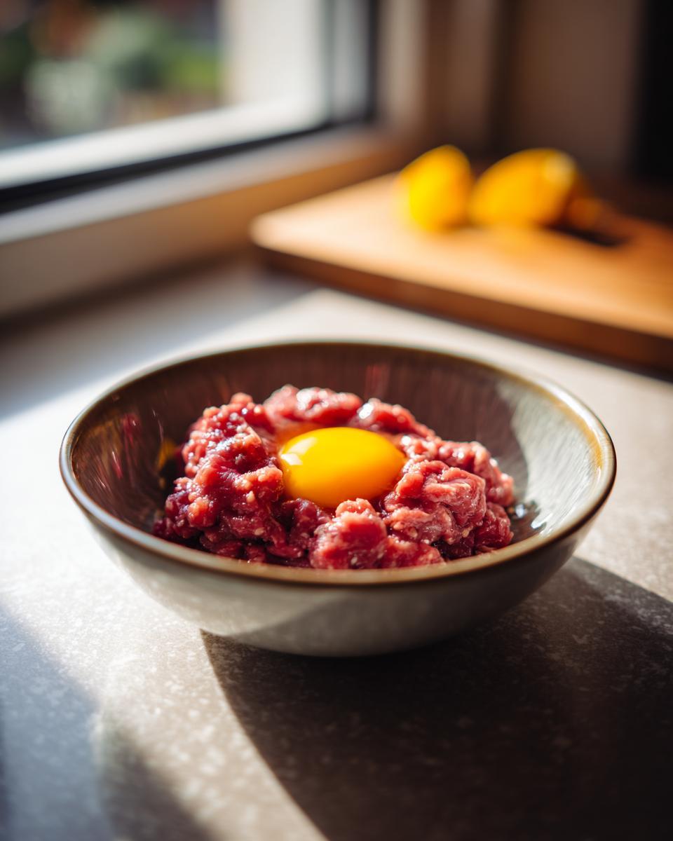 Close-up of a bowl of raw meat with an egg yolk, part of a Raw Protein Cat Meal.