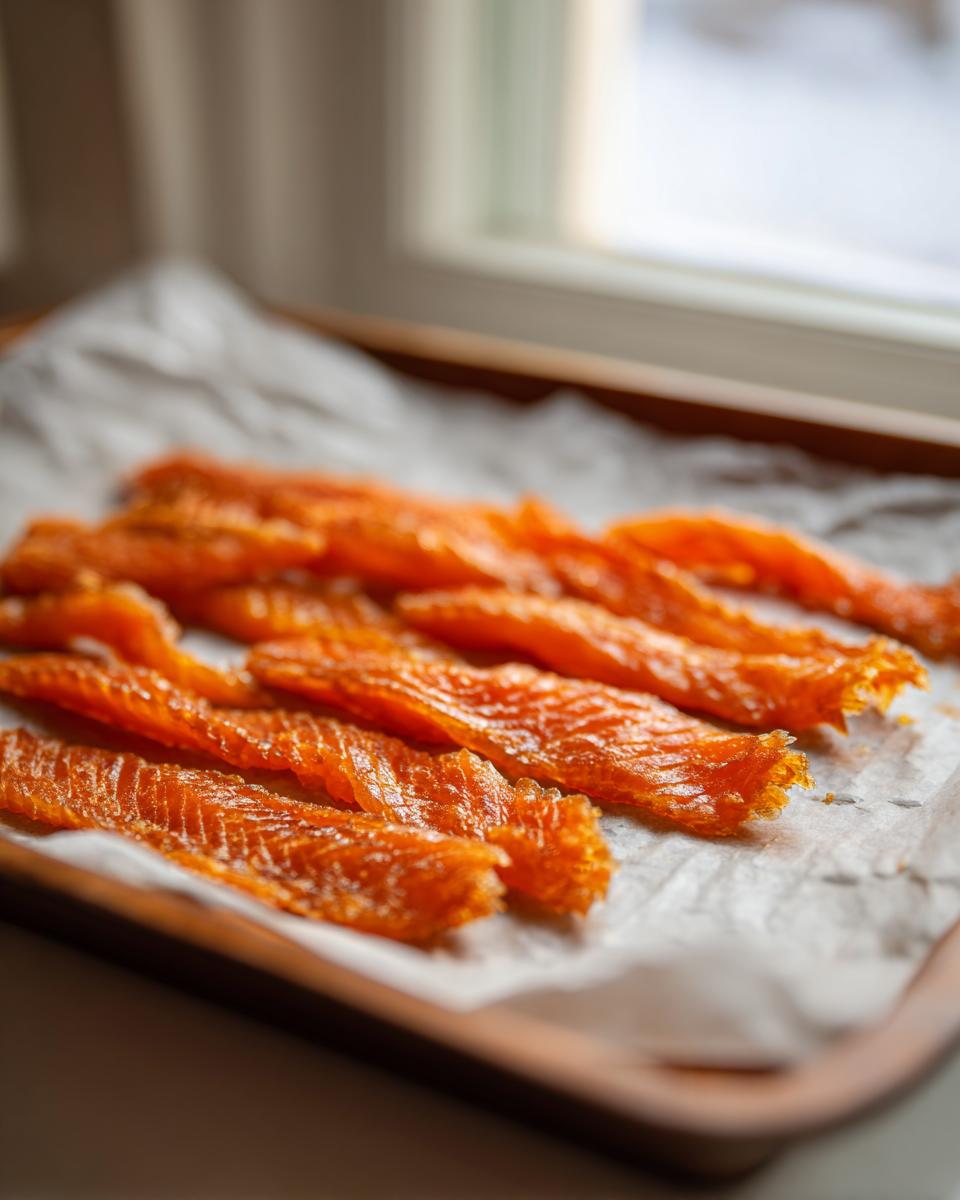 Close-up of dehydrated salmon skin cat treats on parchment paper, the perfect Salmon Skin Cat Treats.
