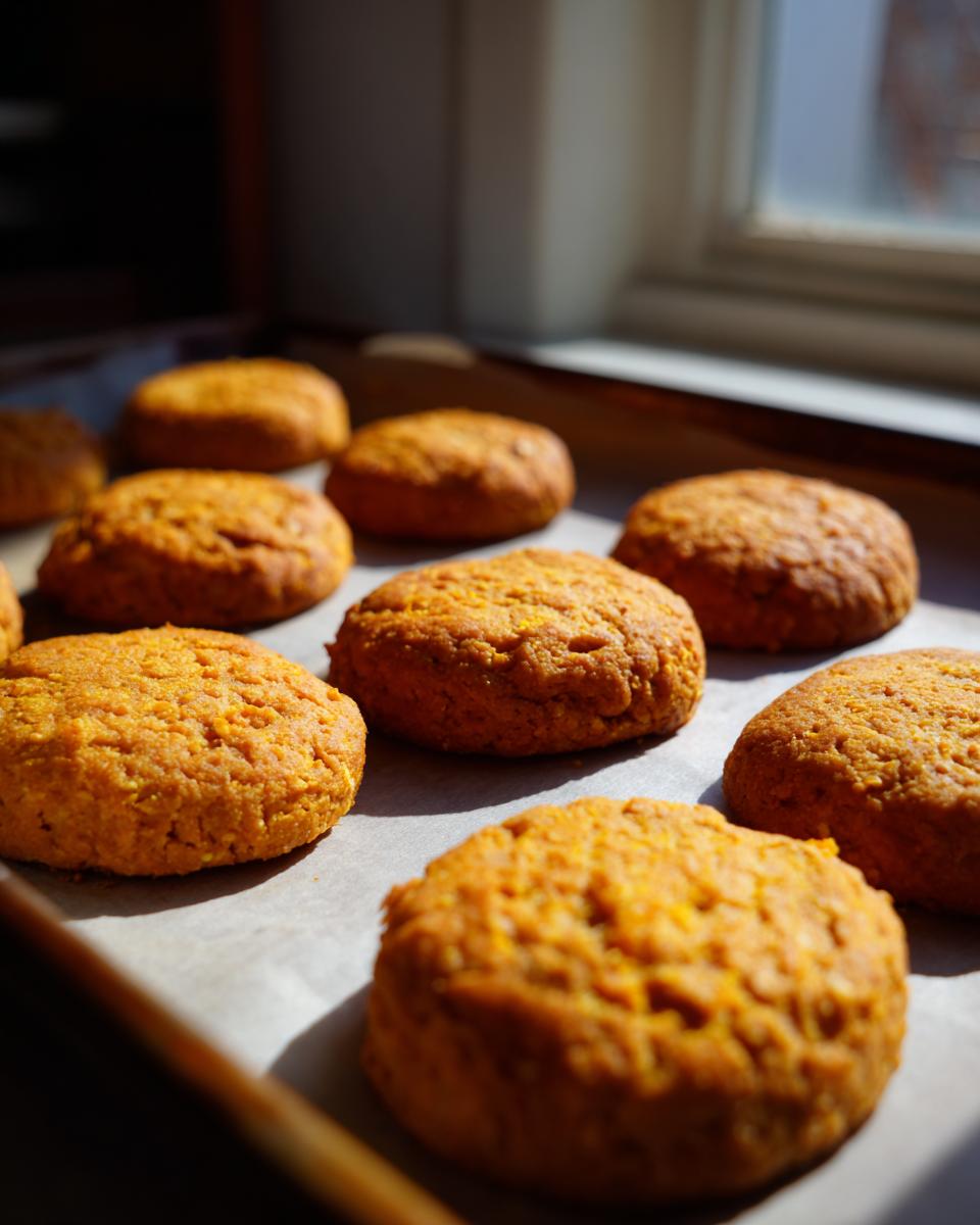Close-up of freshly baked Salmon & Sweet Potato Cat Treats on a baking sheet.