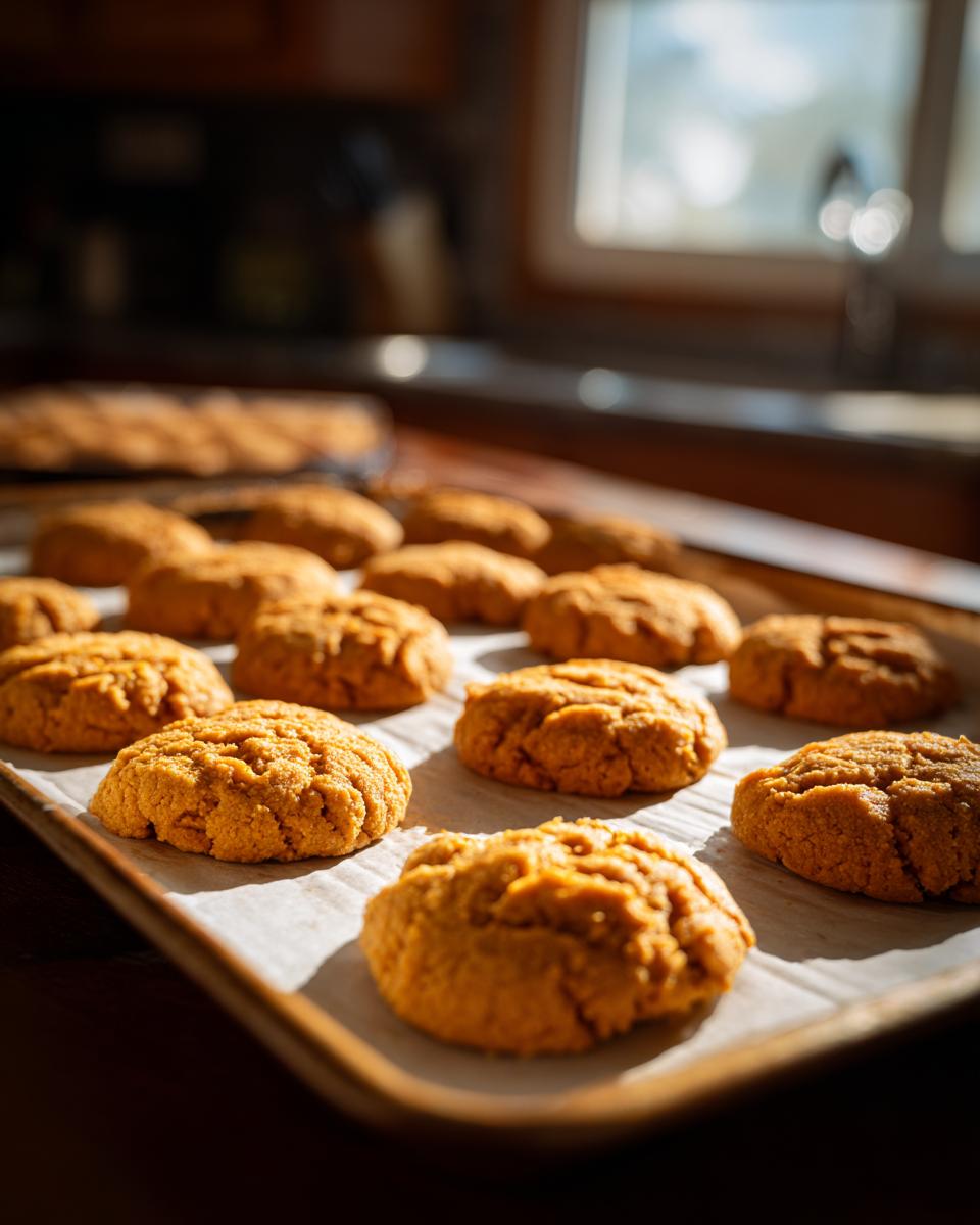 Close-up of a baking sheet with freshly baked Salmon & Sweet Potato Cat Treats.