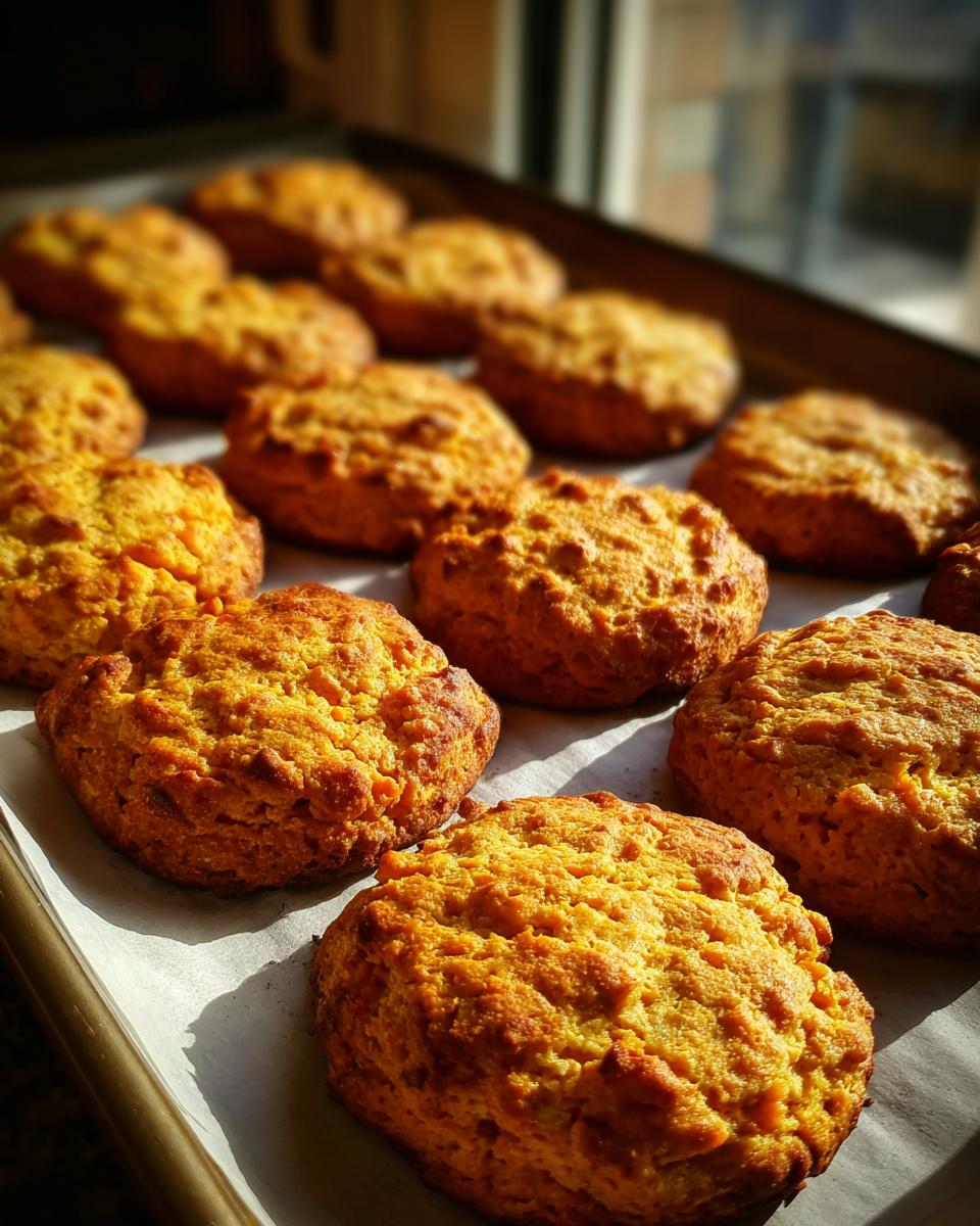 Close-up of freshly baked Salmon & Sweet Potato Cat Treats on a baking sheet.