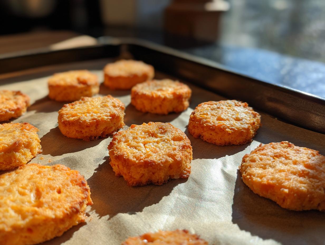 Close-up of freshly baked Salmon & Sweet Potato Cat Treats on a baking sheet.