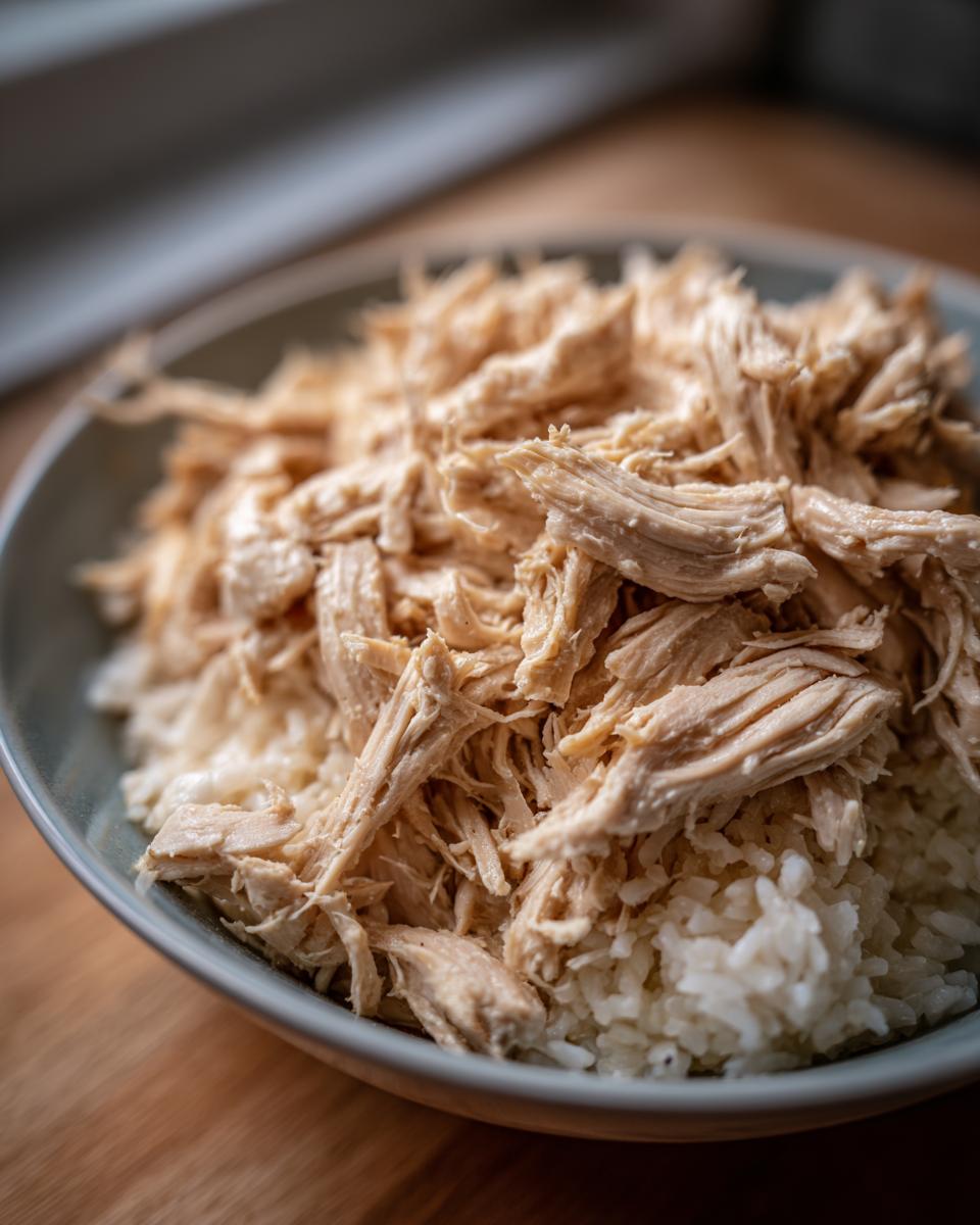 Bowl of homemade Sensitive Stomach Cat Meal with shredded chicken and rice.
