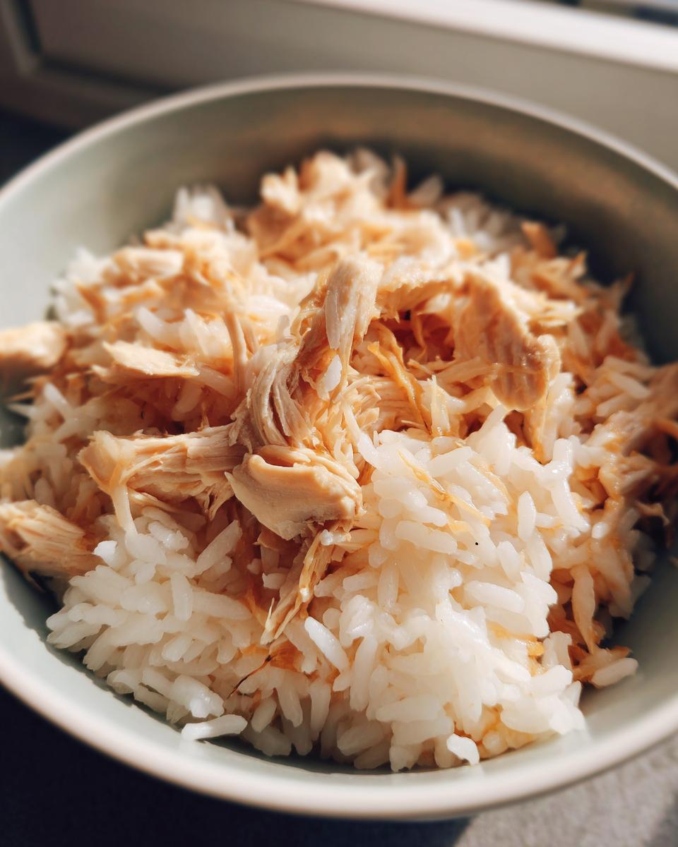 A bowl of cooked rice and shredded chicken, a meal for a cat with a sensitive stomach.