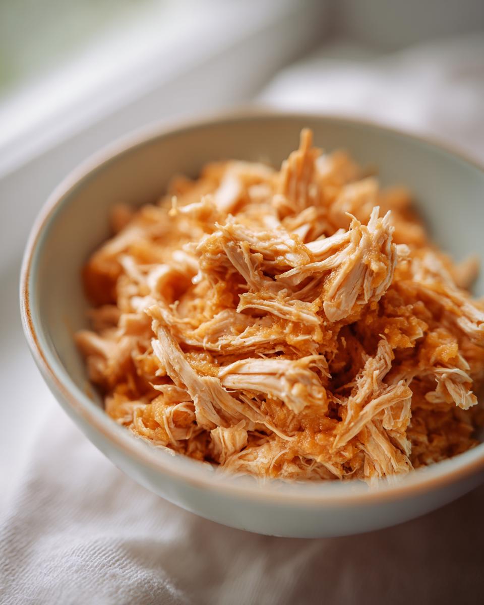 Close-up of shredded chicken in a bowl, perfect for a Sensitive Stomach Cat Meal.