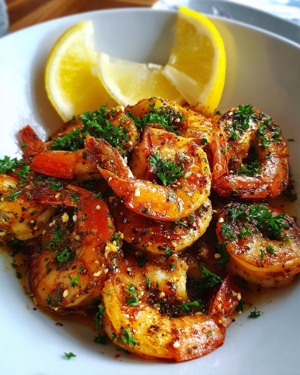 Close-up of a bowl of cooked Shrimp Cat Dinner with lemon wedges and parsley garnish.
