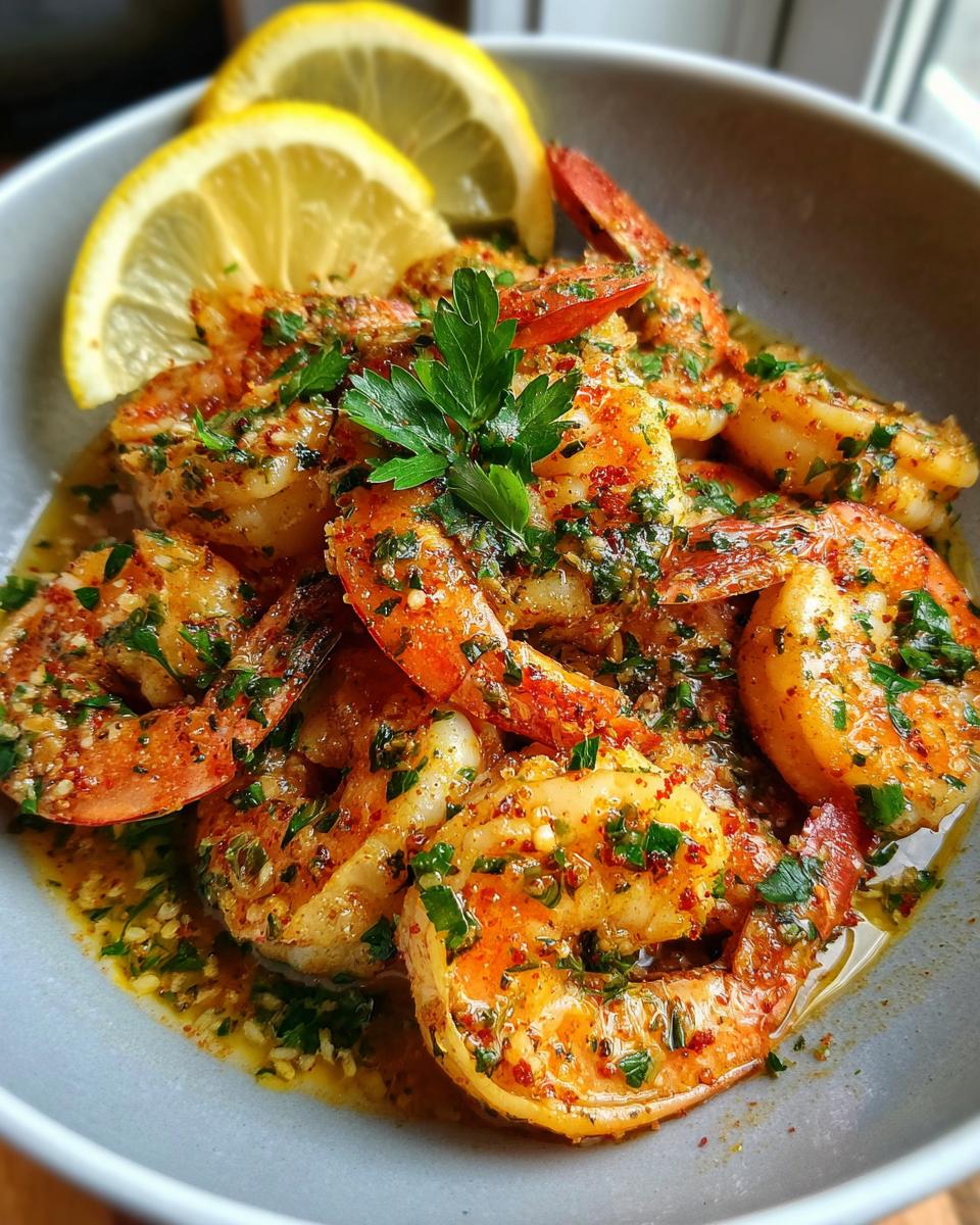 Close-up of a bowl of Shrimp Cat Dinner with lemon slices and fresh herbs.