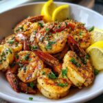 Close-up of a bowl of delicious Shrimp Cat Dinner with lemon wedges and fresh herbs.