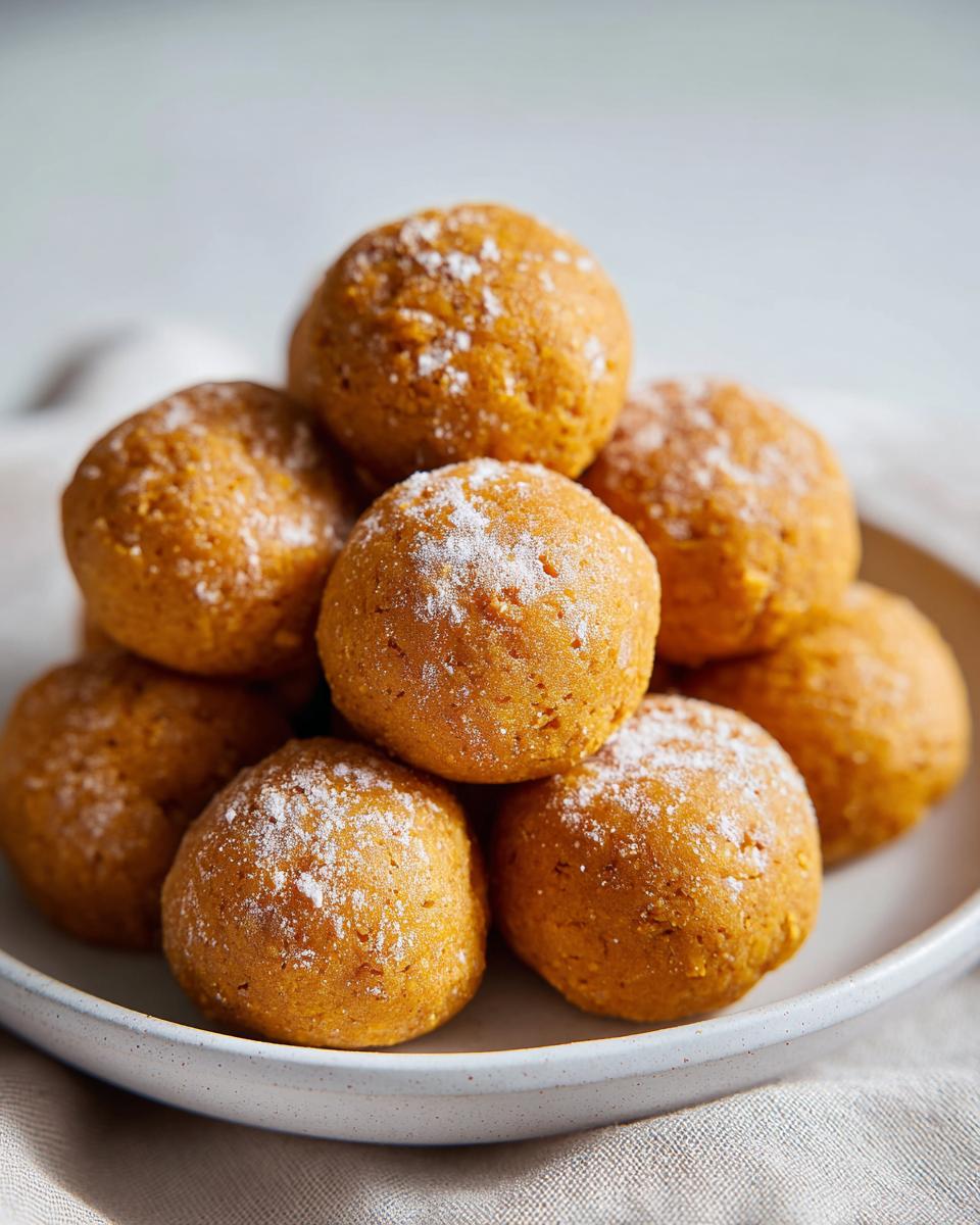 Close-up of a stack of soft pumpkin cat treats on a plate, dusted with powder.