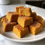 A stack of homemade Soft Pumpkin Cat Treats on a white plate, dusted with powdered sugar.