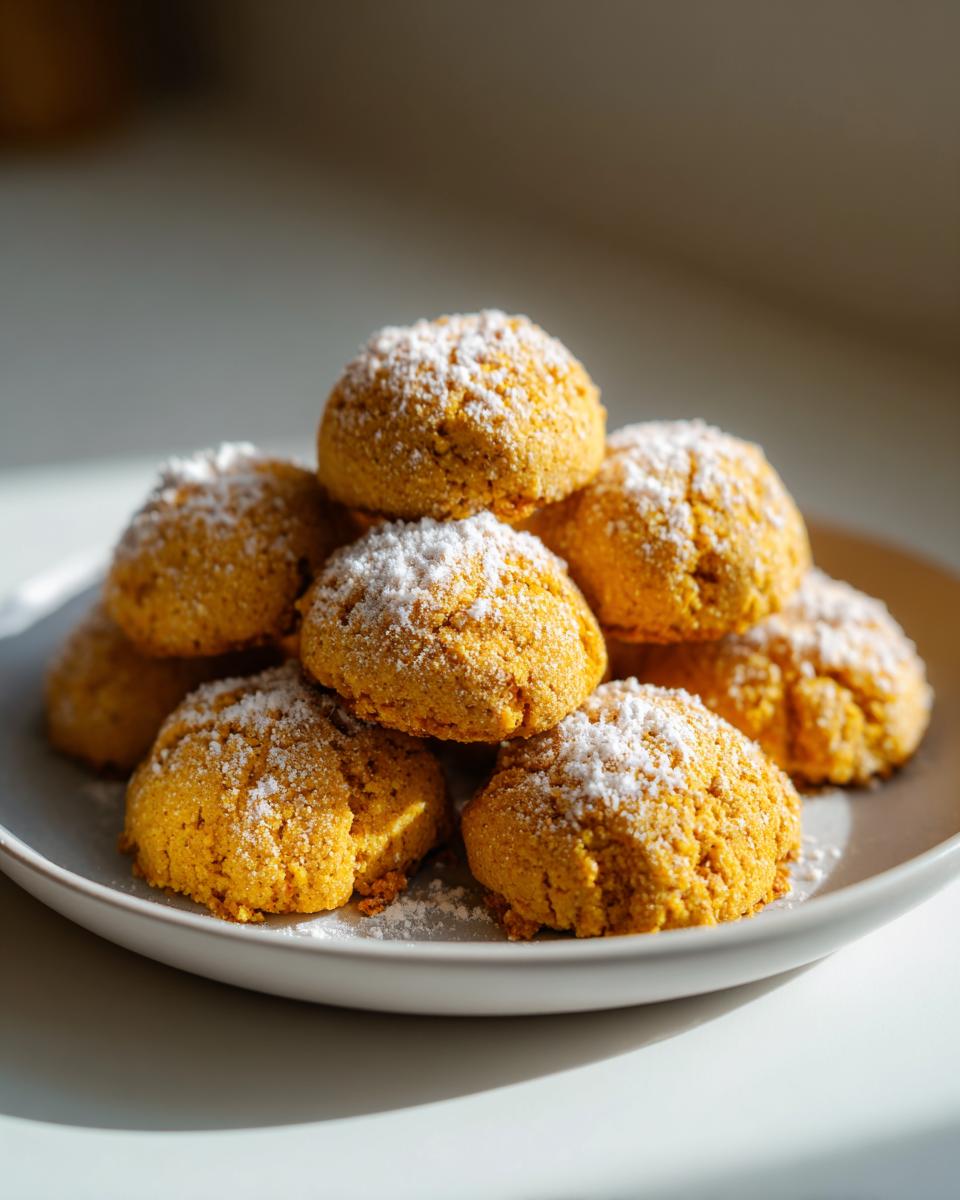 A plate of homemade Soft Pumpkin Cat Treats dusted with powdered sugar, ready to be enjoyed.