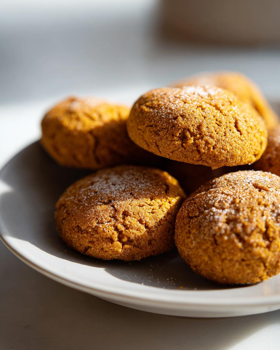 Close-up of a plate of soft pumpkin cat treats sprinkled with powdered sugar. The perfect treat for your cat!