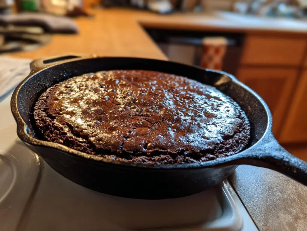 Close-up of a freshly baked Southern Chocolate Cobbler in a cast iron skillet.