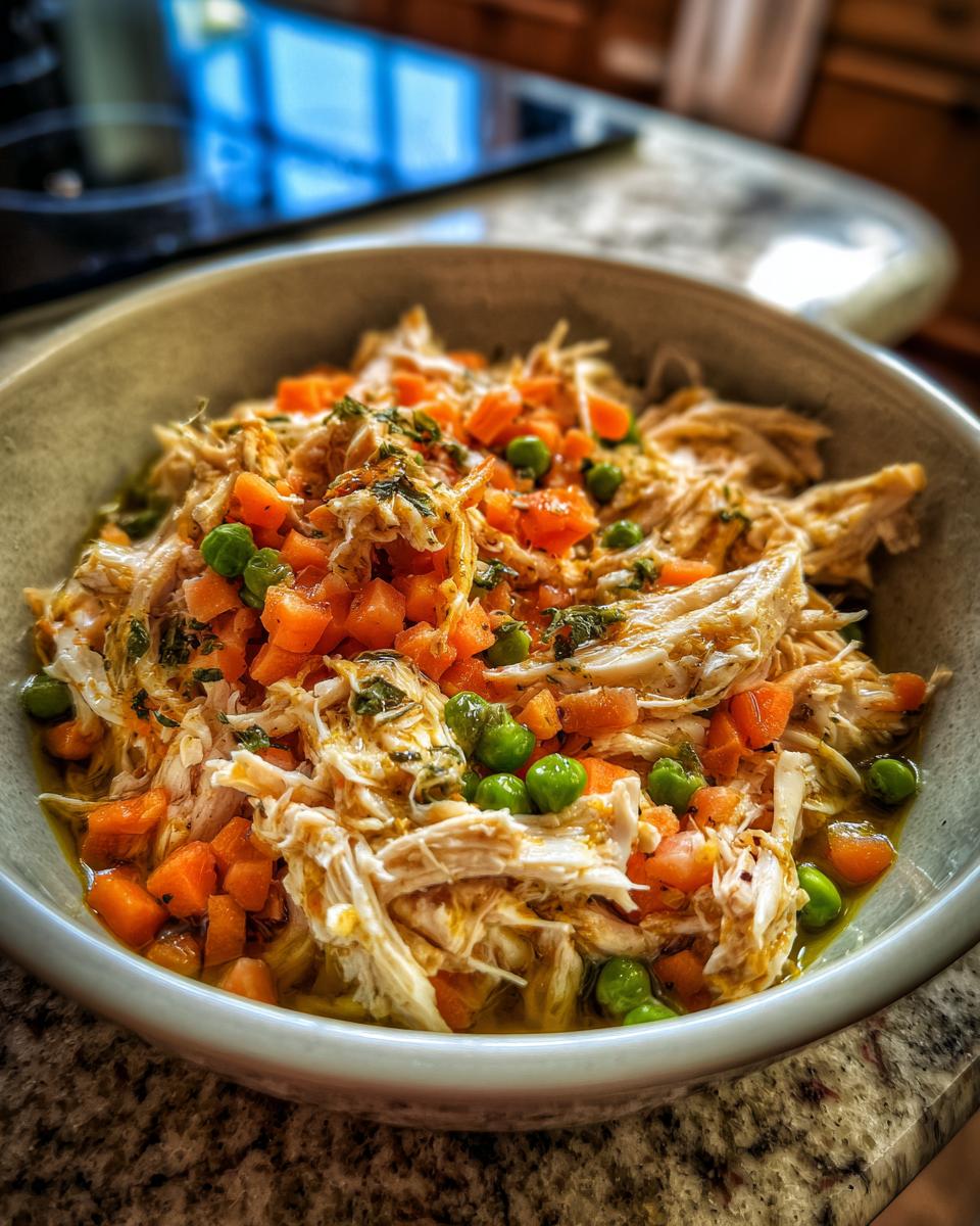 Close-up of a Spring Chicken Cat Meal Bowl with shredded chicken, carrots, and peas.