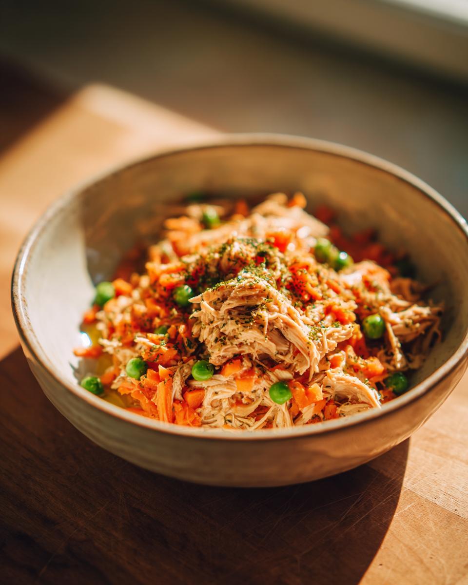 Close-up of a Spring Chicken Cat Meal Bowl with shredded chicken, carrots, and peas.