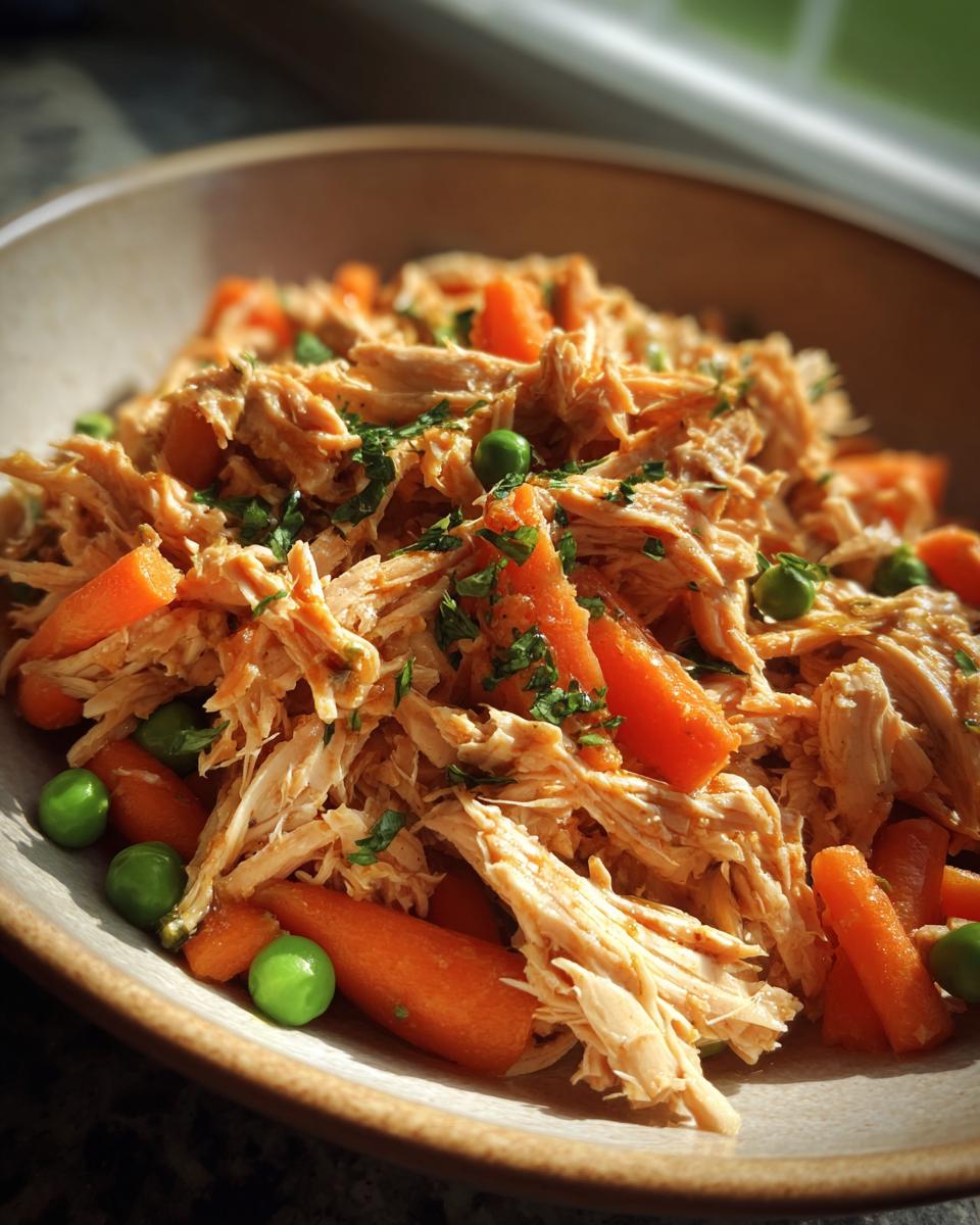 Close-up of a Spring Chicken Cat Meal Bowl with shredded chicken, carrots, and peas.