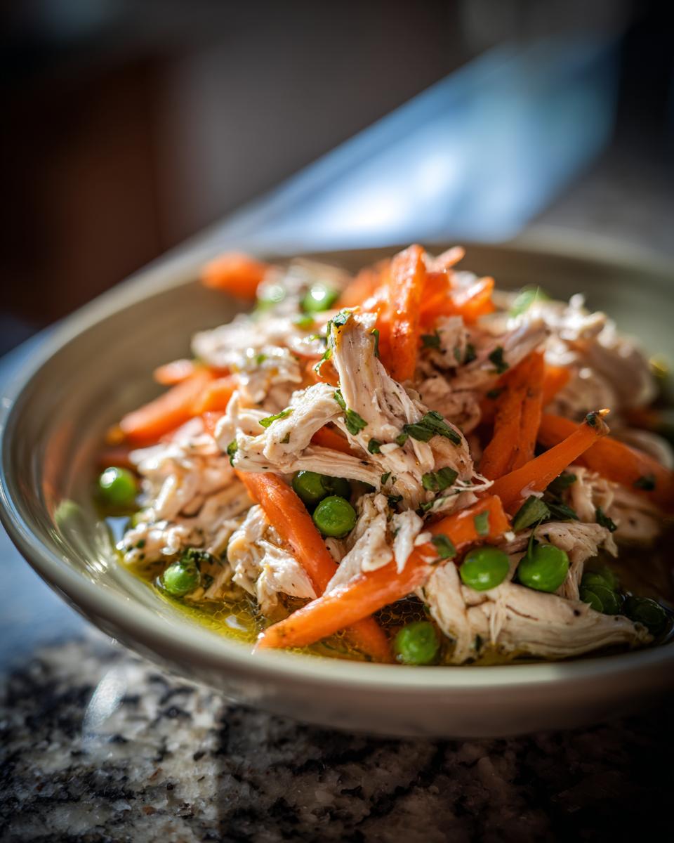 Close-up of a Spring Chicken Cat Meal Bowl with shredded chicken, carrots, and peas.