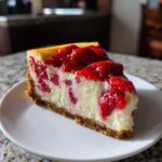 A single slice of delicious Strawberry Shortcake Cheesecake on a white plate, topped with fresh strawberries.