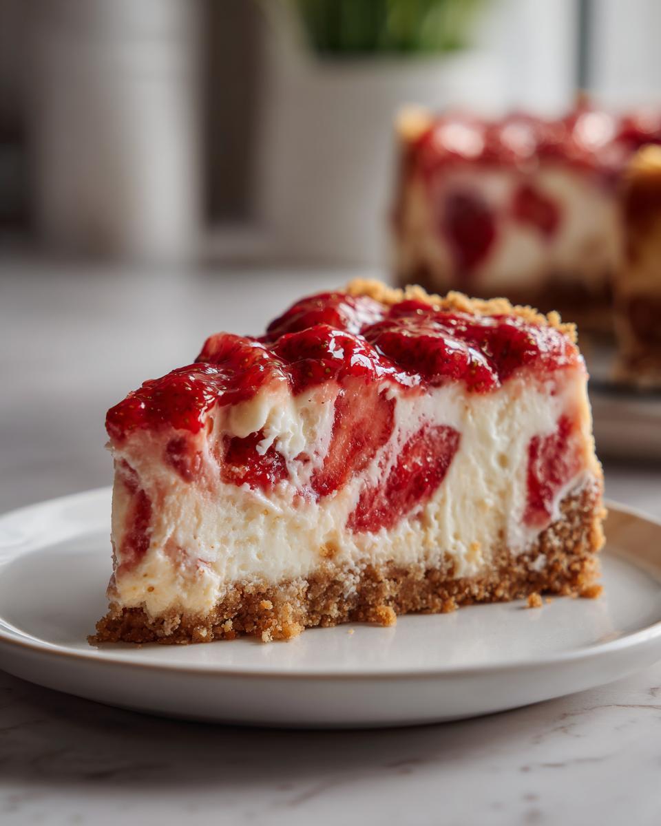 A single slice of Strawberry Shortcake Cheesecake on a white plate, topped with fresh strawberries.