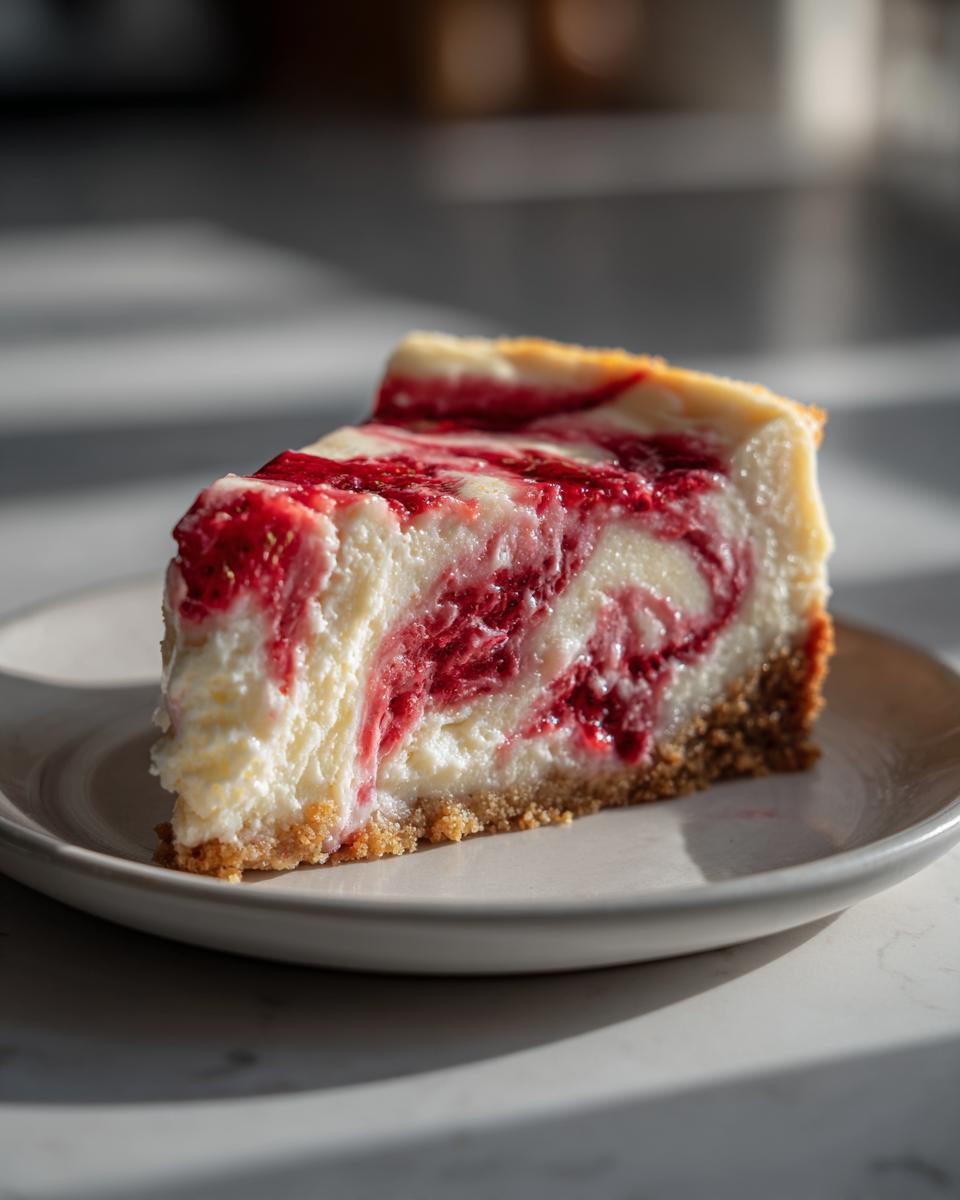 A single slice of Strawberry Shortcake Cheesecake on a plate, with a graham cracker crust and swirled strawberry filling.