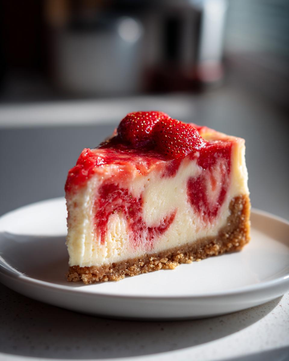A single slice of Strawberry Shortcake Cheesecake on a white plate, topped with fresh strawberries.