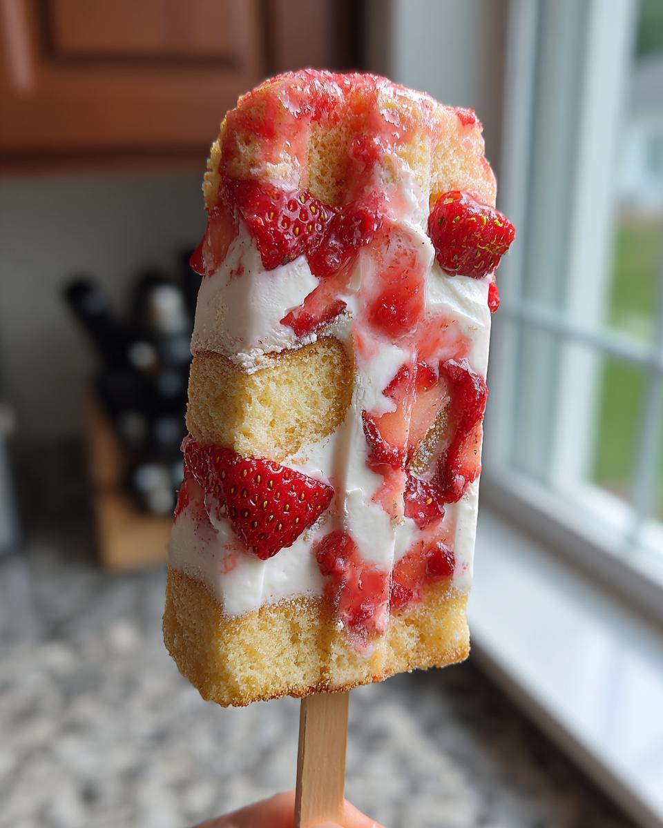 Close-up of a Strawberry Shortcake Push Pop, showing layers of cake, cream, and strawberries.