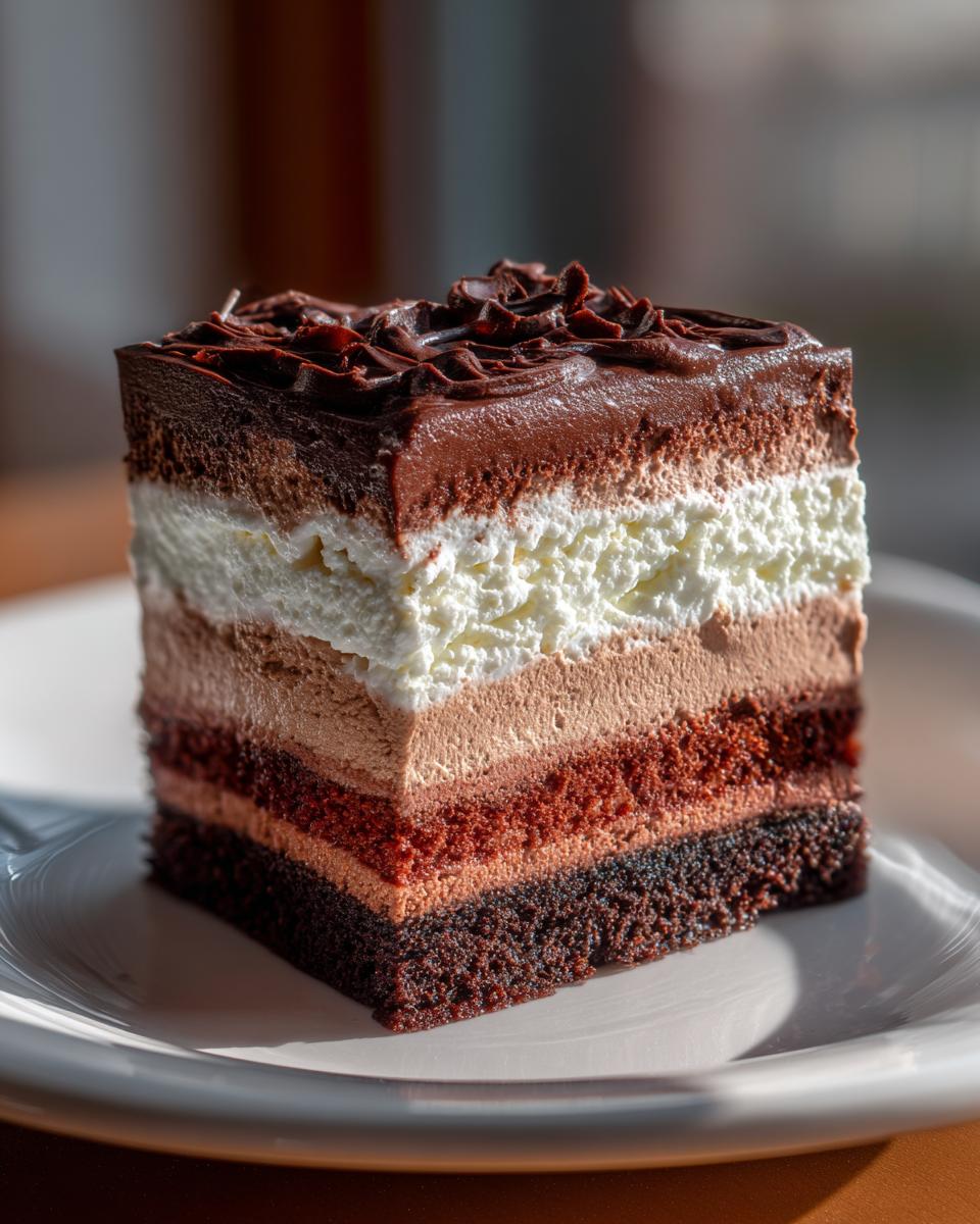 Close-up of a slice of Triple Chocolate Mousse Cake, showing layers of chocolate mousse and cake.