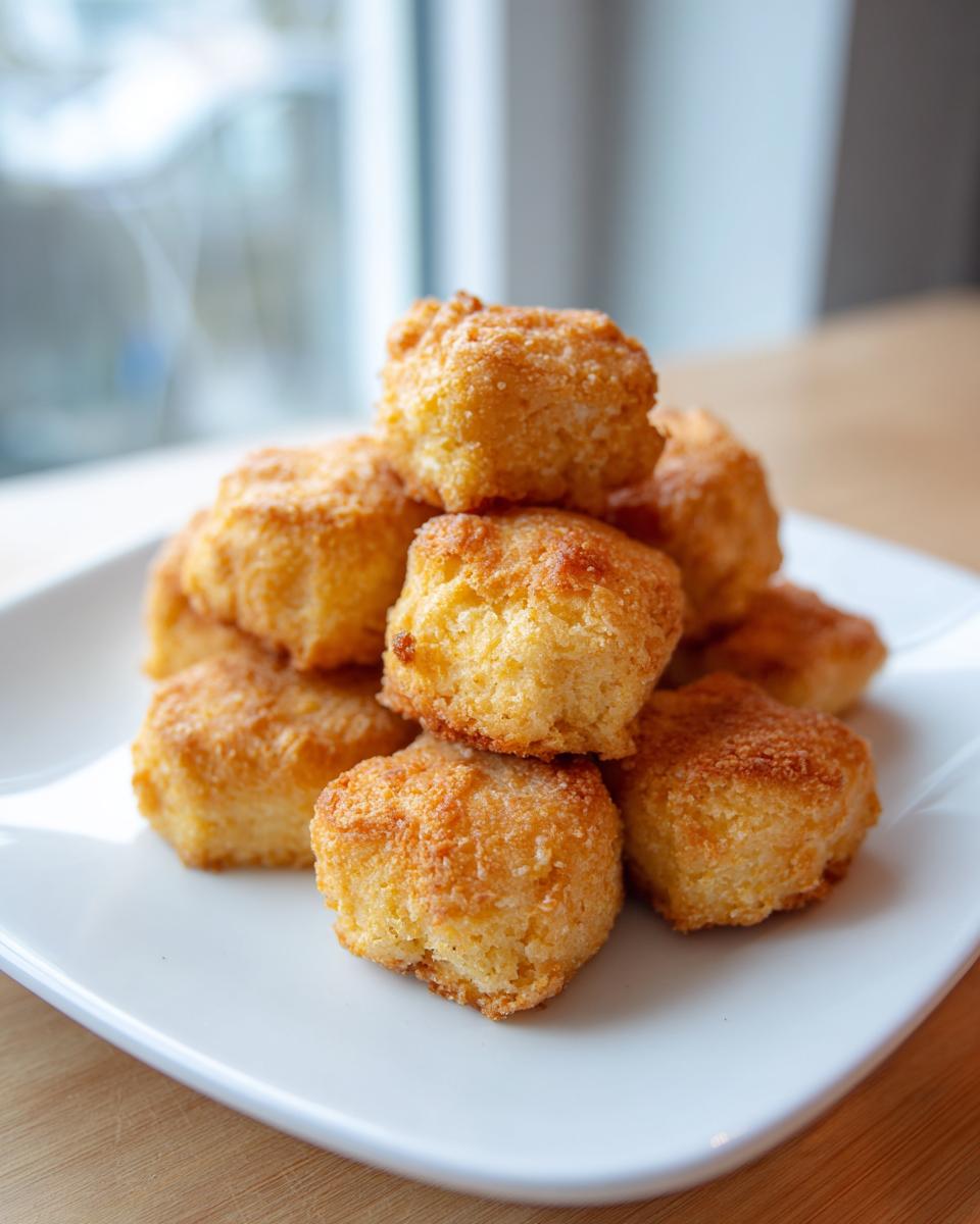 A stack of golden-brown Tuna Cat Snack Bites on a white plate, ready for your feline friend.