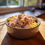 Bowl of Tuna & Egg Cat Meal, a simple and healthy meal for cats.