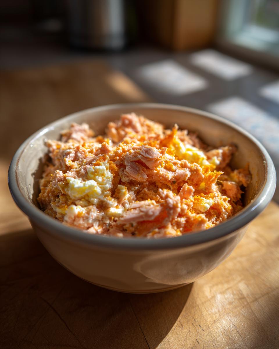 Close-up of a bowl filled with Tuna & Egg Cat Meal, a simple and healthy cat food recipe.