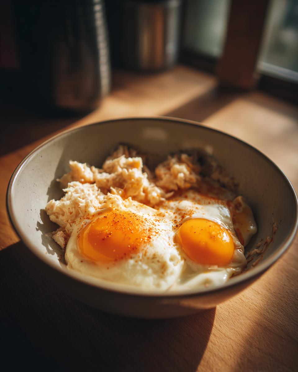 A bowl of Tuna & Egg Cat Meal with fried eggs and flaked tuna.