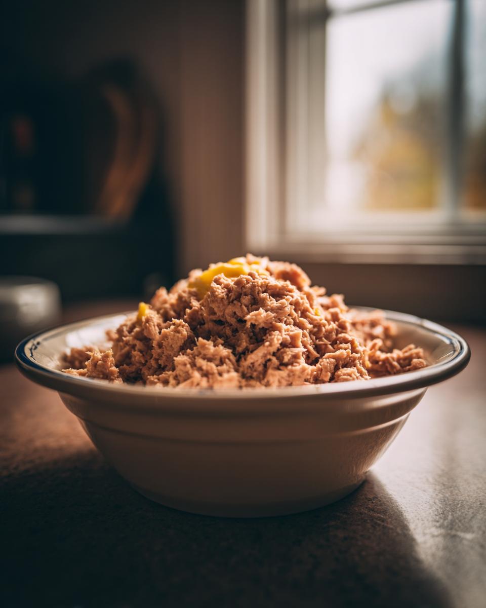 A bowl of prepared Tuna & Egg Cat Meal, ready to serve.