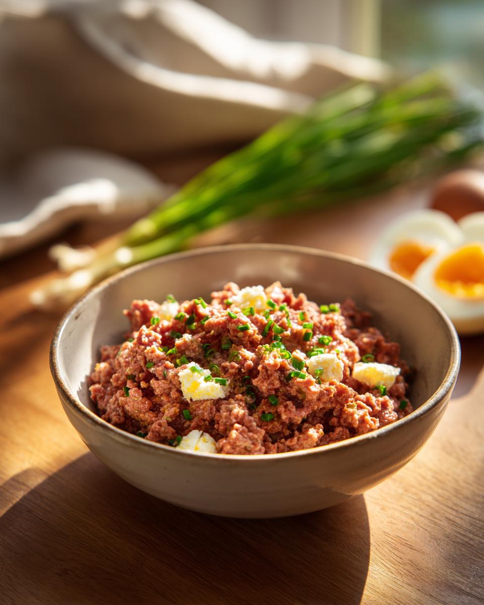 Close-up of a Tuna & Egg Cat Meal in a bowl, garnished with herbs and butter.